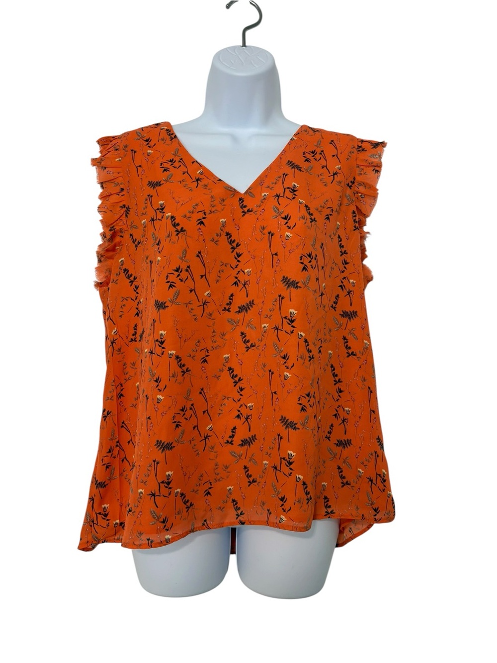 Katherine Barclay Romantic Orange Floral Ruffle Sleeve Blouse SzL Boho Top